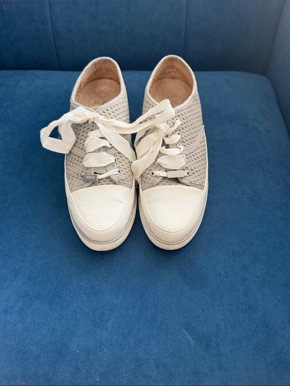 Donald J. Pliner Knit Lace-Up Sneakers in Beige and White